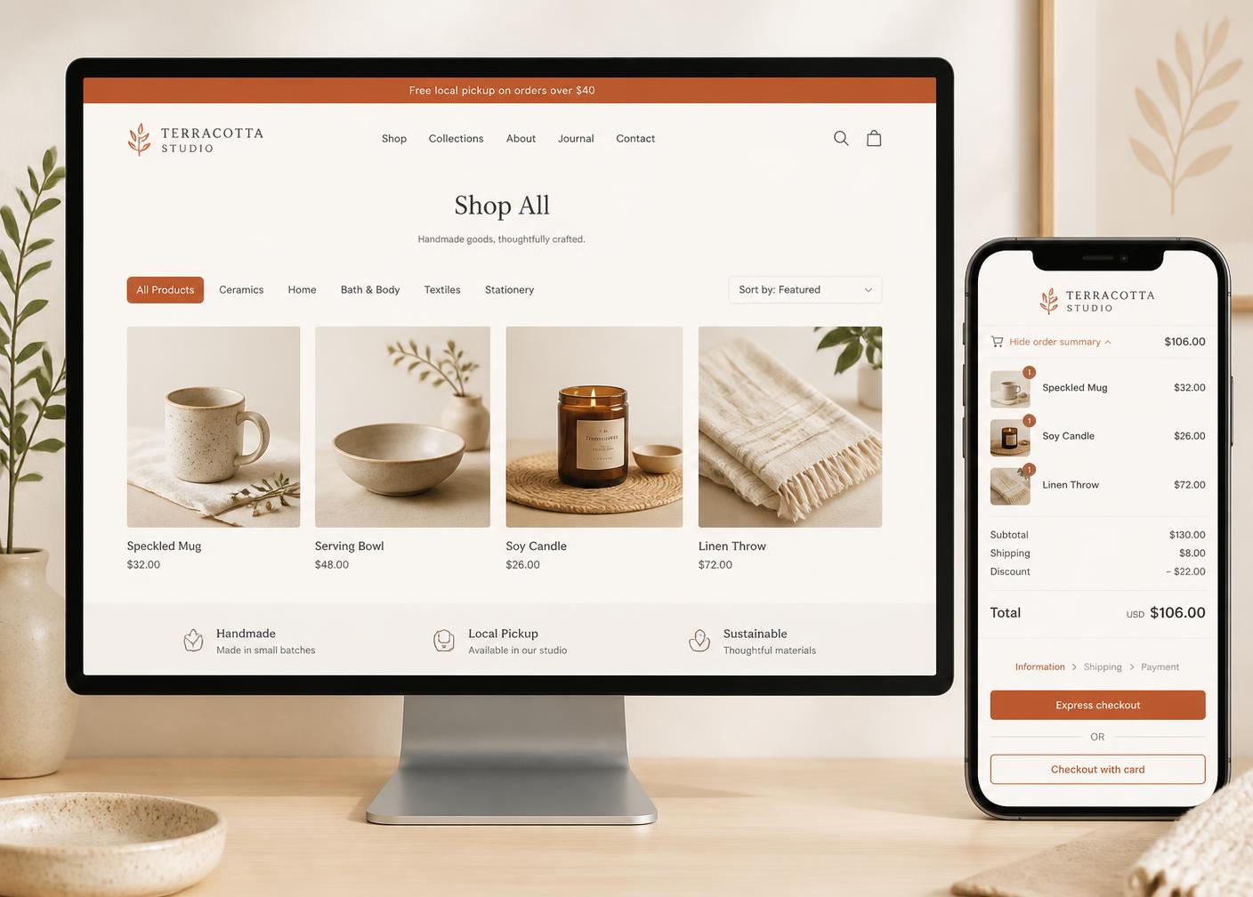 Shopify storefront concept shown on a laptop and a phone